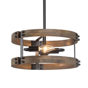 Wood Drum Pendant Farmhouse 2-Light Dark Brown Caged Chandelier Black Kitchen Island Ceiling Light for Dining Room