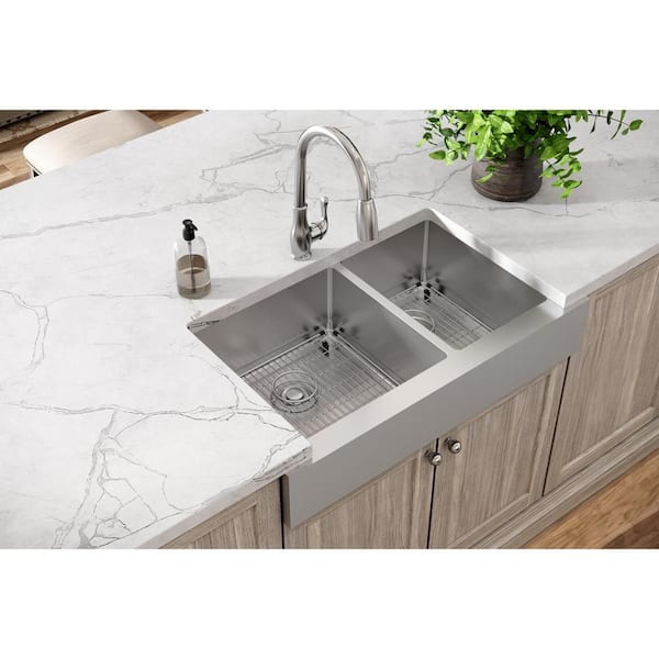 Crosstown 36 in. Farmhouse/Apron-Front Offset 60/40 Double Bowl 18 G Stainless Steel Kitchen Sink Kit w/ Accessories