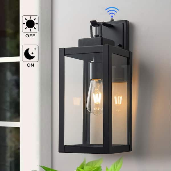 C Cattleya 1-Light Matte Black Dusk to Dawn Hardwired Outdoor Wall Lantern Sconce with Clear Tempered Glass