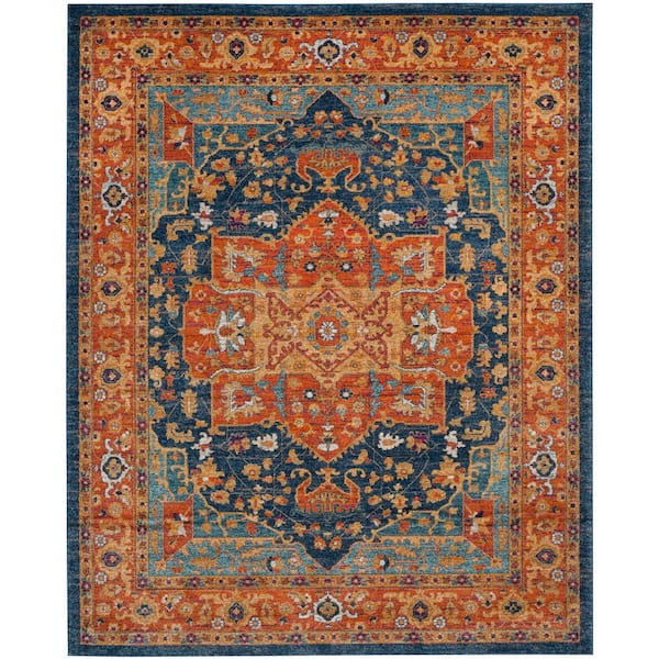 Evoke 10 ft. x 14 ft. Blue/Orange Border Medallion Area Rug