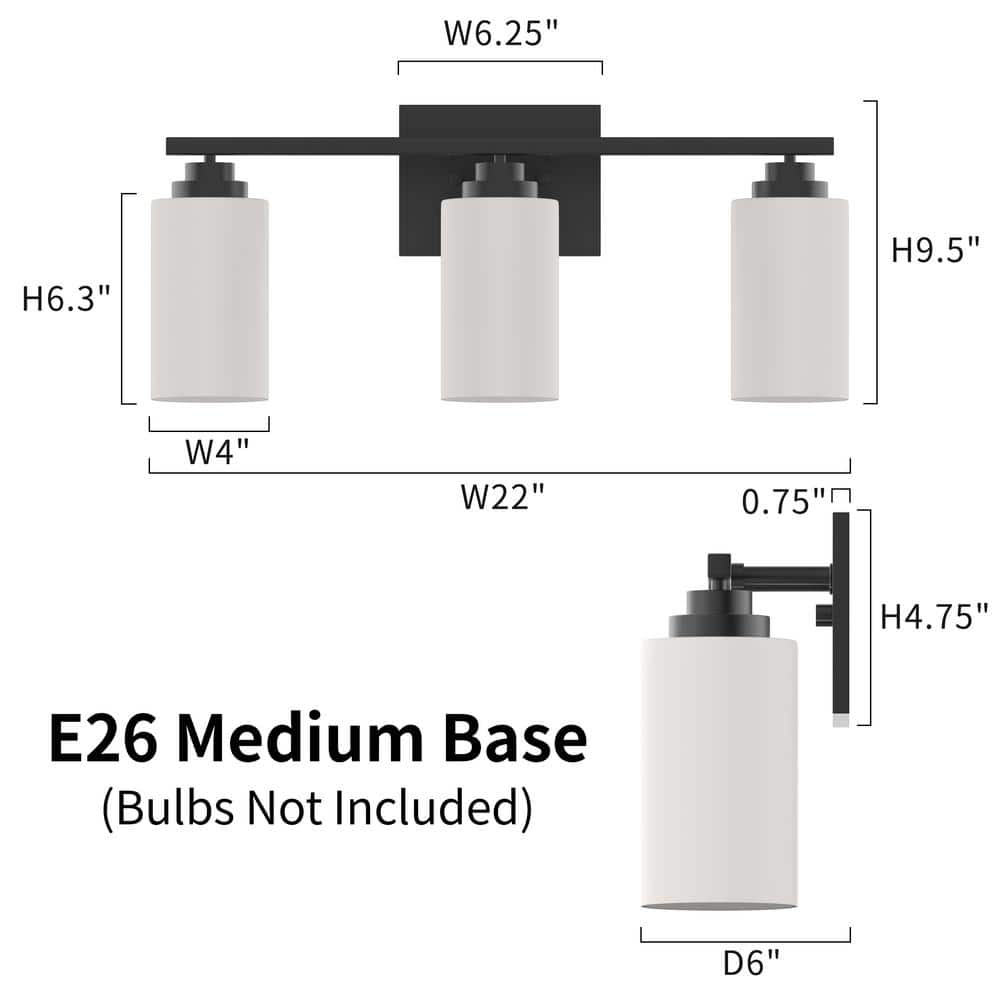 Black 3-Light Dimmable Cylinder Vanity Light with Frosted Glass