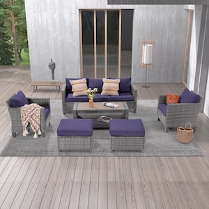 6-Piece Gray Wicker Outdoor Conversation Seating Sofa Set with Coffee Table, Navy Blue Cushions