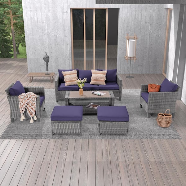 JOYESERY 6-Piece Gray Wicker Outdoor Conversation Seating Sofa Set with Coffee Table, Navy Blue Cushions