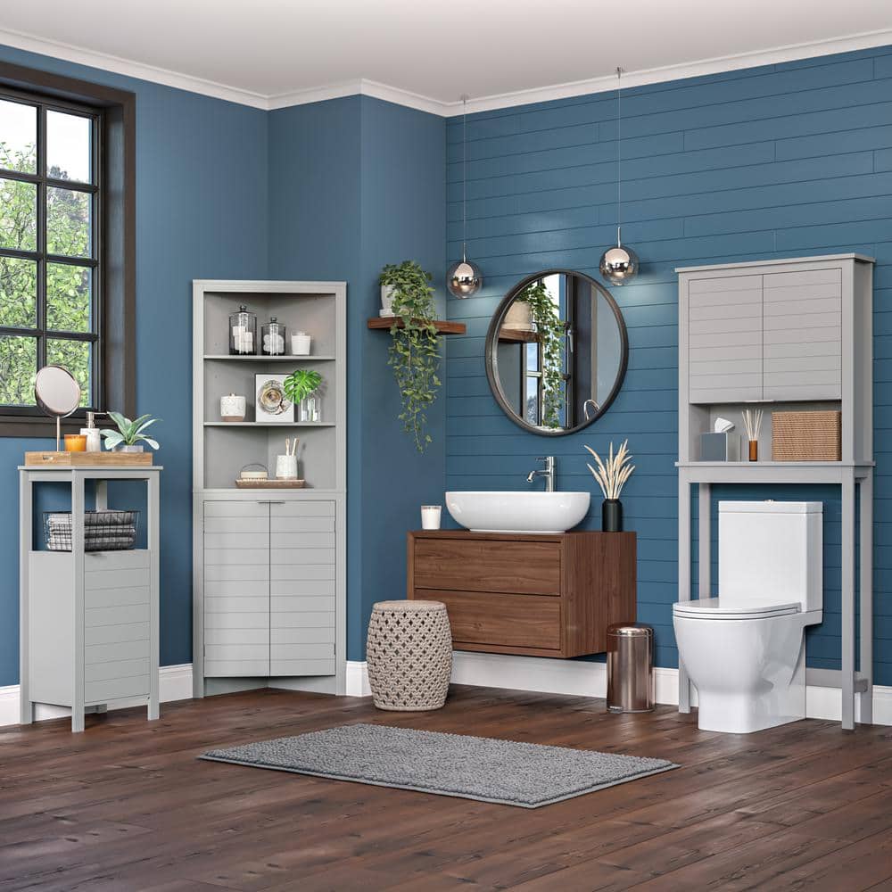 Gray Tall Corner Bathroom Storage Cabinet with Adjustable Shelving