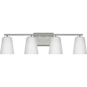 Vertex Collection 29 in. 4-Light Brushed Nickel Etched White Glass Contemporary Vanity Light