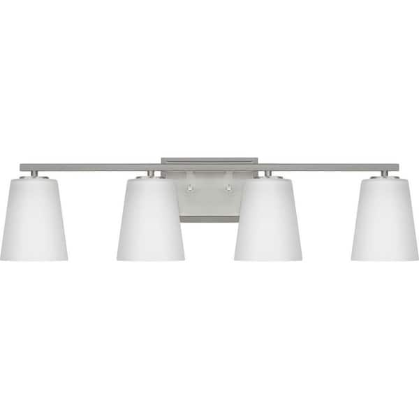 Progress Lighting Vertex Collection 29 in. 4-Light Brushed Nickel Etched White Glass Contemporary Vanity Light