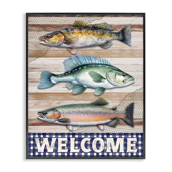 Stupell Industries Welcome with Rustic Fish by Nicole DeCamp Black Framed Animal Giclee Art Print 20 in. x 16 in.