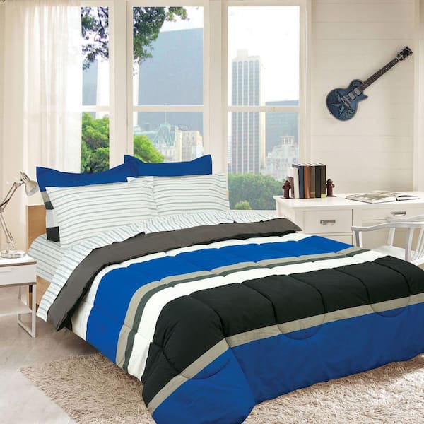 ROYALE LINENS Rugby Stripe 7-Piece Blue Queen size Bed in a Bag with Reversible Comforter