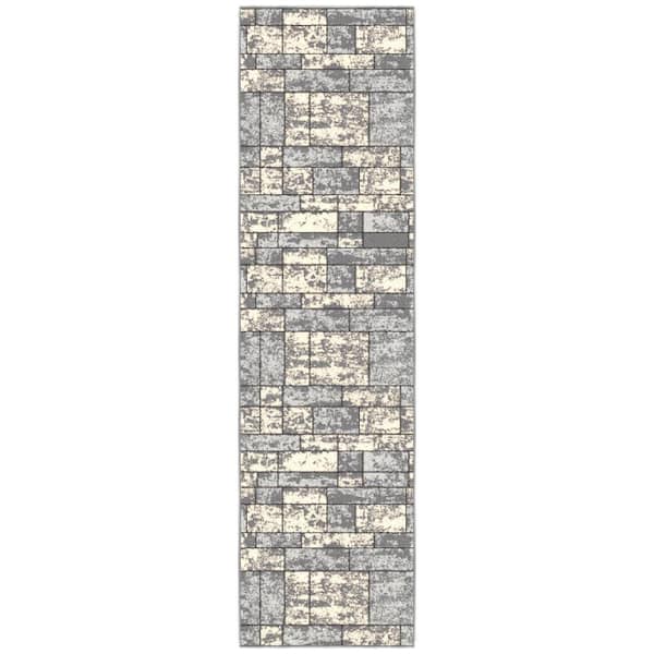 Ottomanson Ottohome Collection Non-Slip Rubberback Boxes Design 2x7 Indoor Runner Rug, 1 ft. 10 in. x 7 ft., Gray