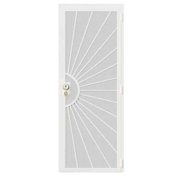 32 in. x 80 in. Universal/Reversible Hinging White Surface Mount Steel Security Door with Perforated Metal Screen (Lock)