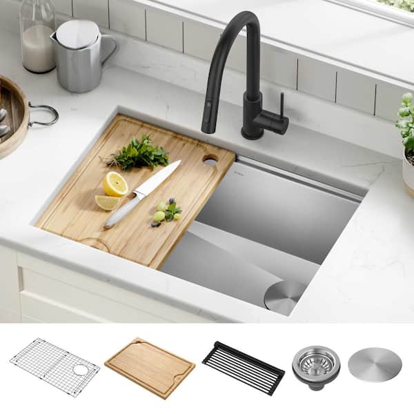 KRAUS Kore Workstation 27 in. 16-Gauge Undermount Single Bowl Stainless  Steel Kitchen Sink with Accessories KWU110-27 The Home Depot
