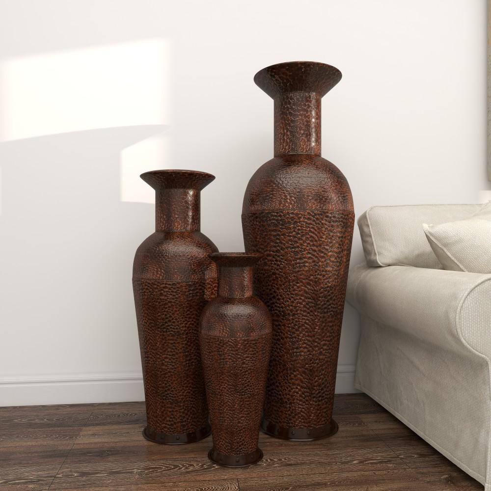 Tall Dark Brown Metal Floor Decorative Vase Set with Bubble Texture