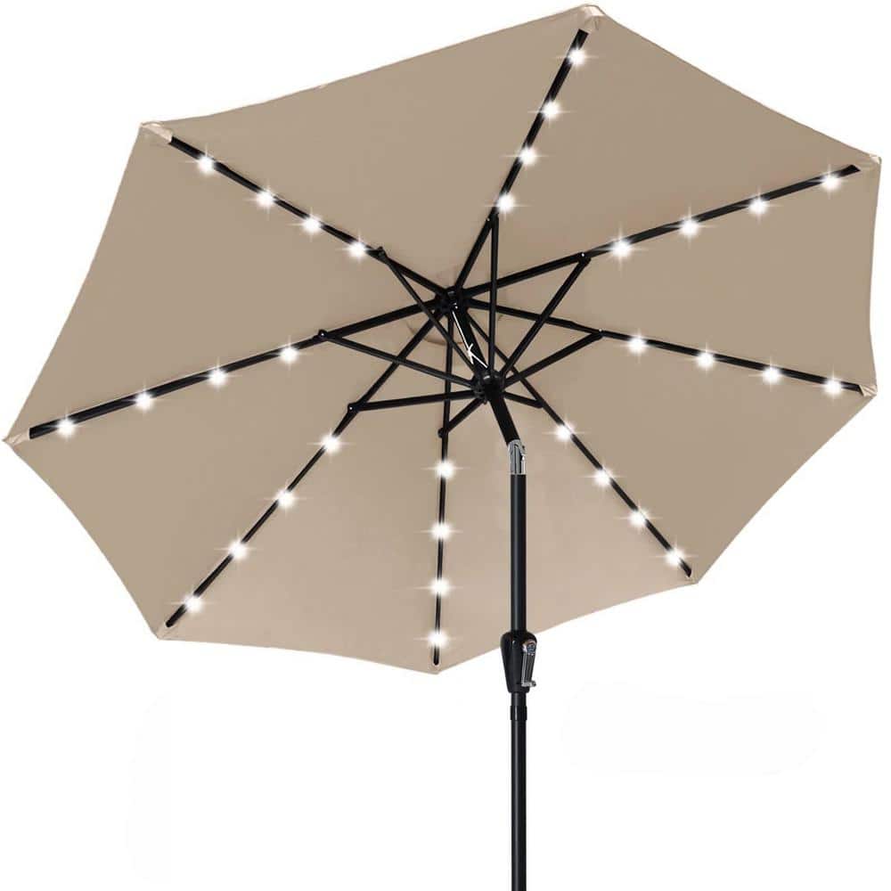 9 ft. Aluminum Pole Market Solar Push Button Tilt Patio Umbrella in Tan