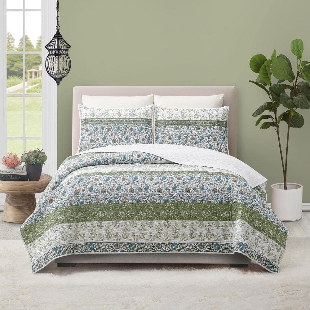 Marseille King Blue and Green Microfiber Quilt Set