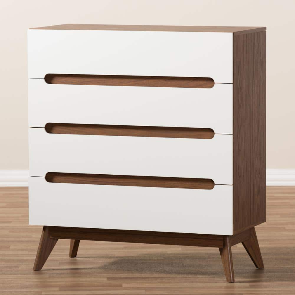 Calypso White and Walnut Mid-Century Modern 4-Drawer Chest