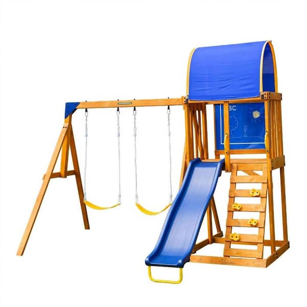 Addison Wooden Outdoor Playset with Swings, Heavy Duty Double A-Frame, and Blow Molded Slide