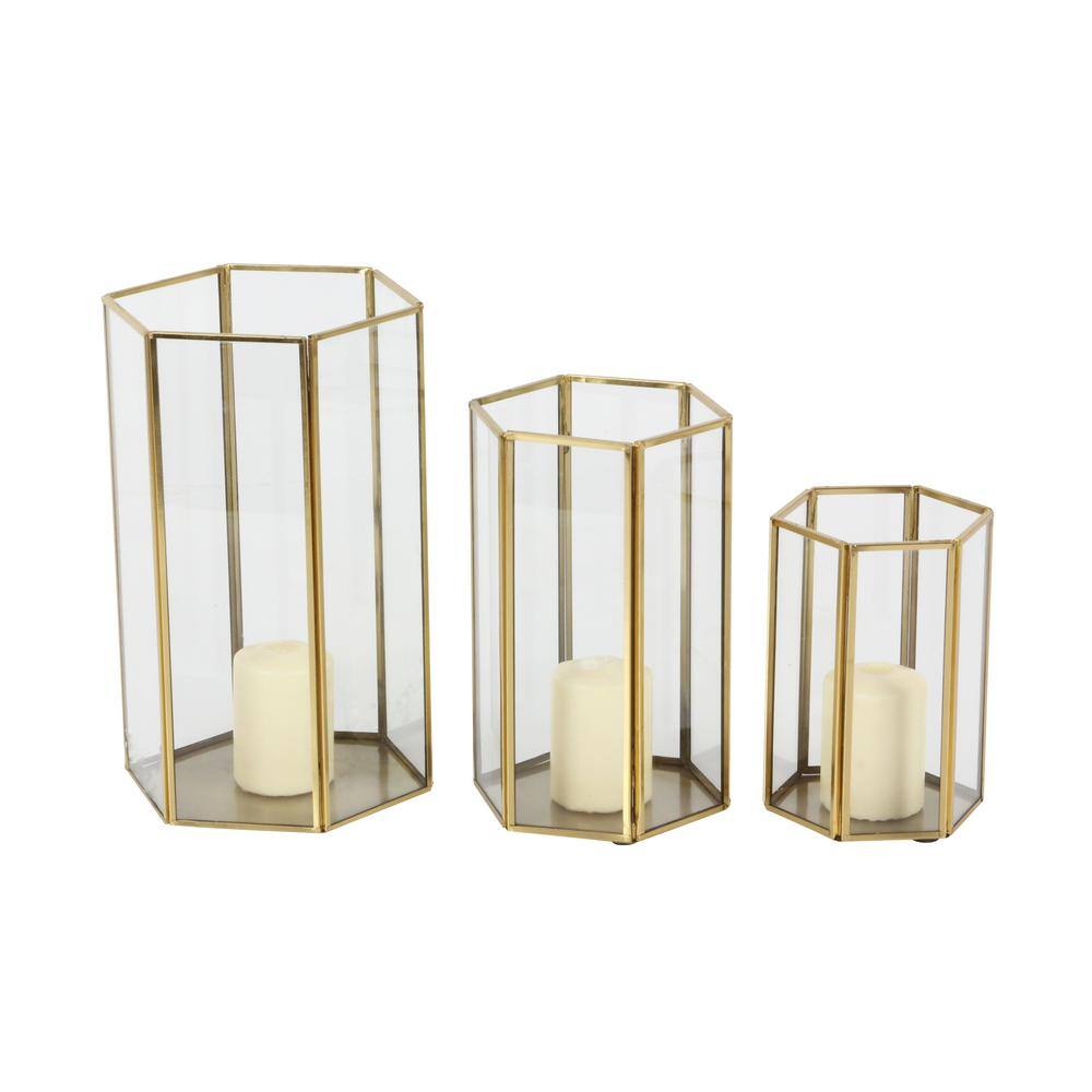 CosmoLiving by Cosmopolitan Gold Glass Pillar Candle Lantern with Metal
