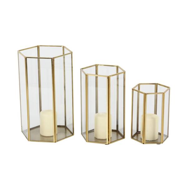 CosmoLiving by Cosmopolitan CosmoLiving by Cosmopolitan Gold Glass Pillar Candle Lantern with Metal Plate (Set of 3)