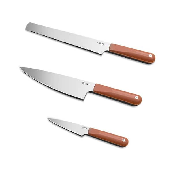 JEREMY CASS BigChef 3-Piece Stainless Steel Knife Set with Bread Knife, Chef Knife and Paring Knife, Ergonomic Handles in Orange