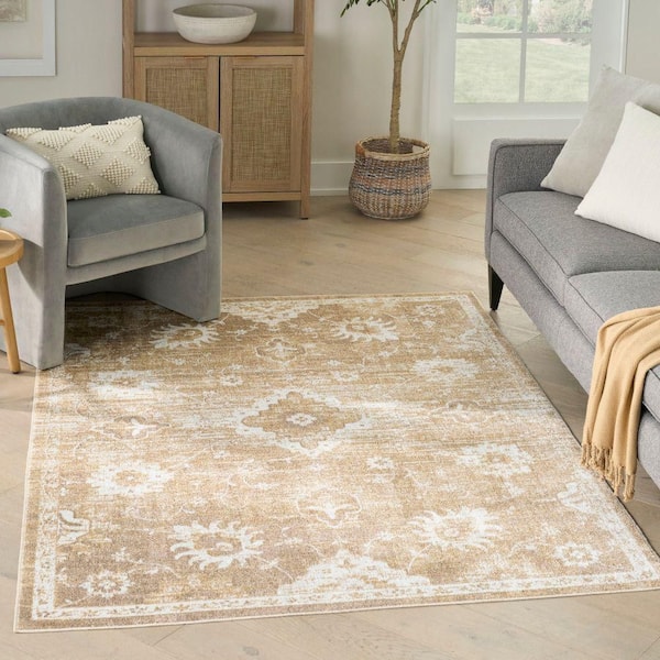 Astra Machine Washable Ivory Gold 4 ft. x 6 ft. Distressed Traditional Area Rug