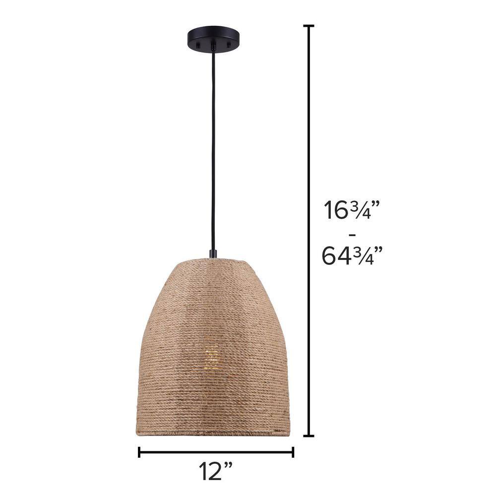 Aubrie 12" Matte Black & Rope Indoor/Outdoor Pendant Light