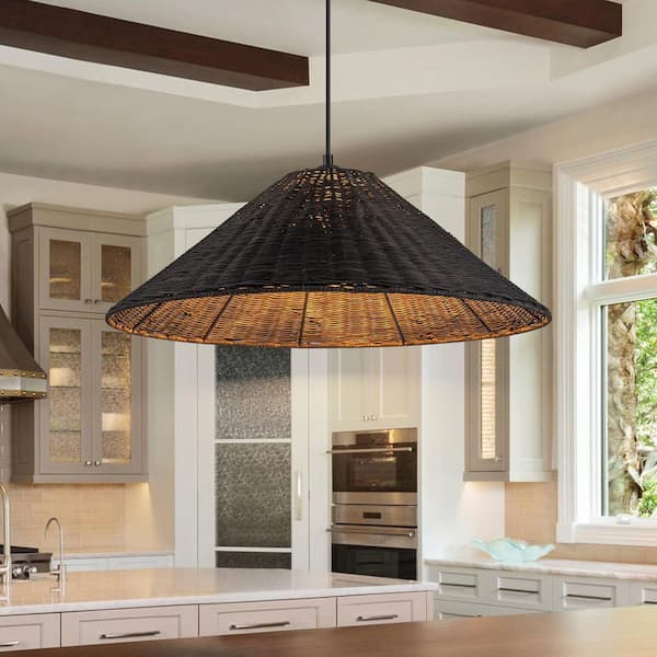 EDISLIVE Carter 23.62 in. 1-Light Black Pendant Light with Natural Rattan Shade