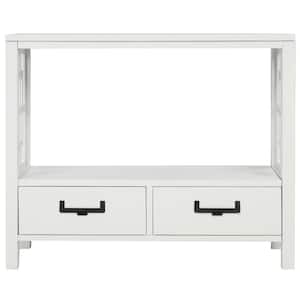 White Openwork Pattern Rectangle Wood Console Table with 2-Drawers