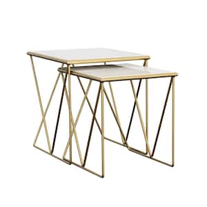 2-Piece White and Gold Rectangle Marble Nesting Coffee Table Set