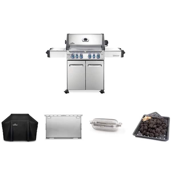 Prestige 500 4-Burner Propane Gas Grill, Grill Cover, Rotisserie Kit and Basket, Griddle Insert, and Smoker Tray Bundle