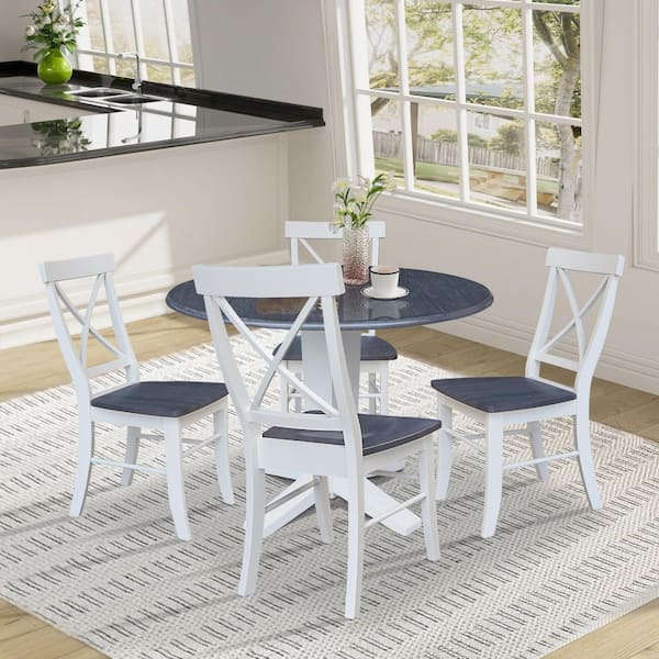 5-Piece Lyla White/Heather Gray Solid Wood 42 in. Drop-Leaf Pedestal Dining Set with 4 Alexa Side Chairs Seats 4