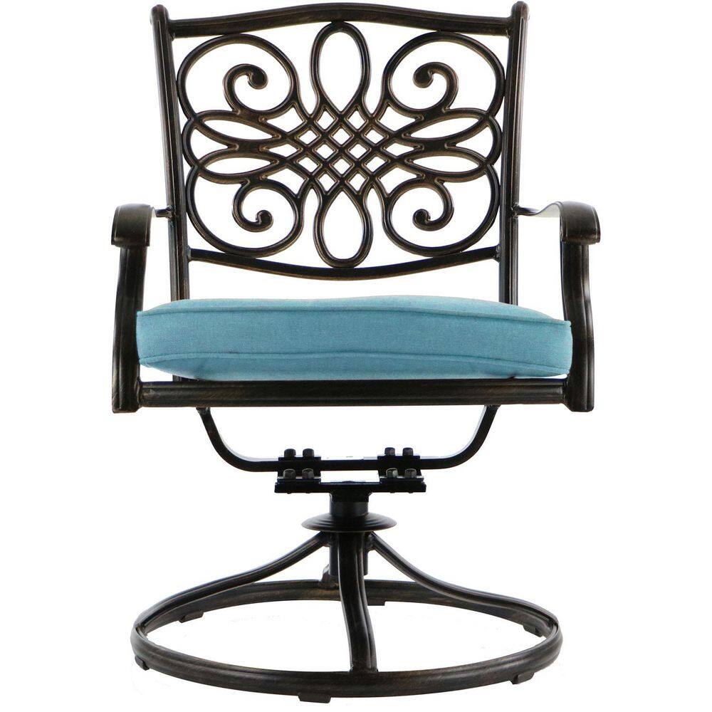 Bronze Cast Aluminum Round Outdoor Dining Set with Blue Cushions