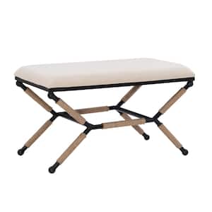 Alden 36"W x 18"D x 20.5"H Neutral Beige Cotton Bench with Iron Metal Legs and Rope Wrapped Details