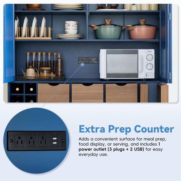 Polibi Blue MDF Wood Buffet with 4 Foldable Doors, Power Outlet