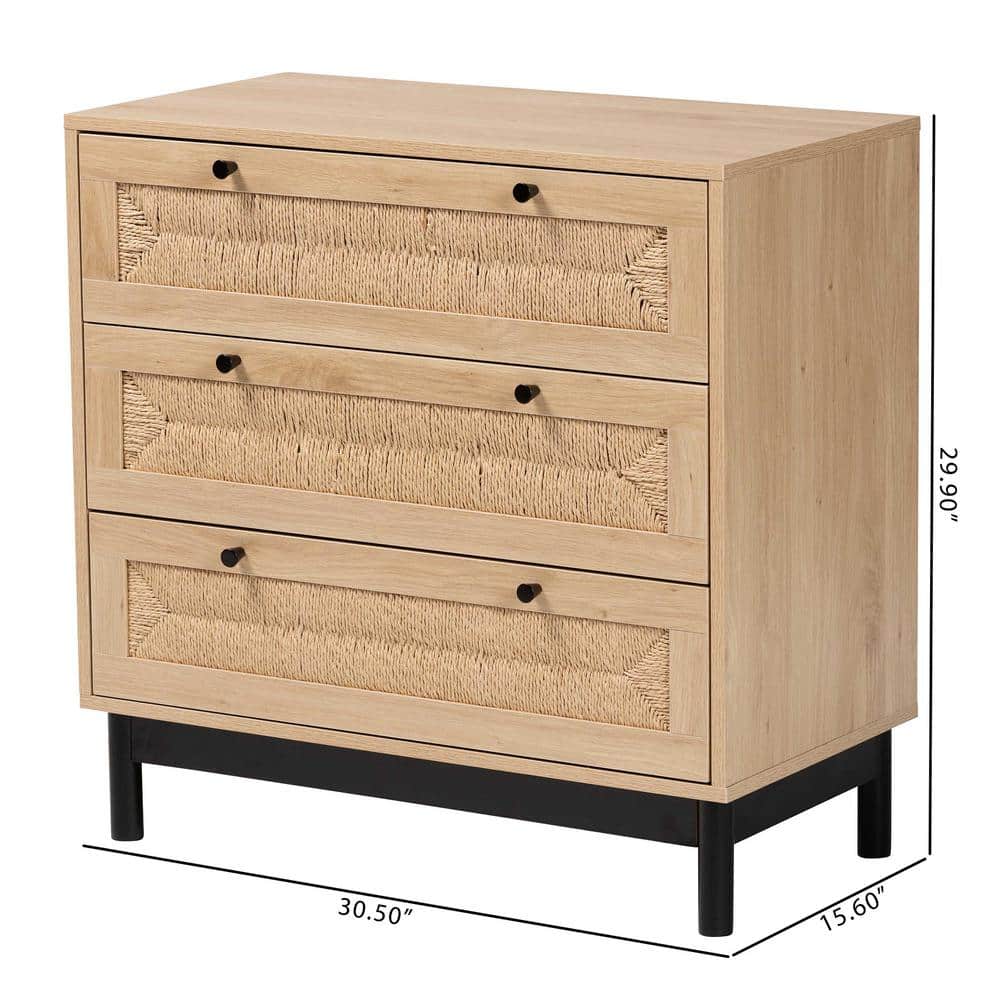 Cherelle Light Brown and Black 3-Drawer Mid-Century Storage Cabinet