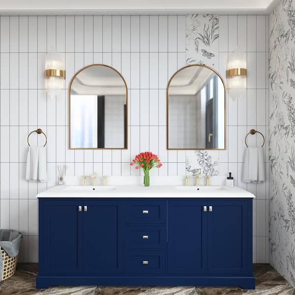 Unbranded 60 in. W x 22 in. D x 34 in. H Double Sink Freestanding Bath Vanity in Navy Blue with White Engineered Stone Top