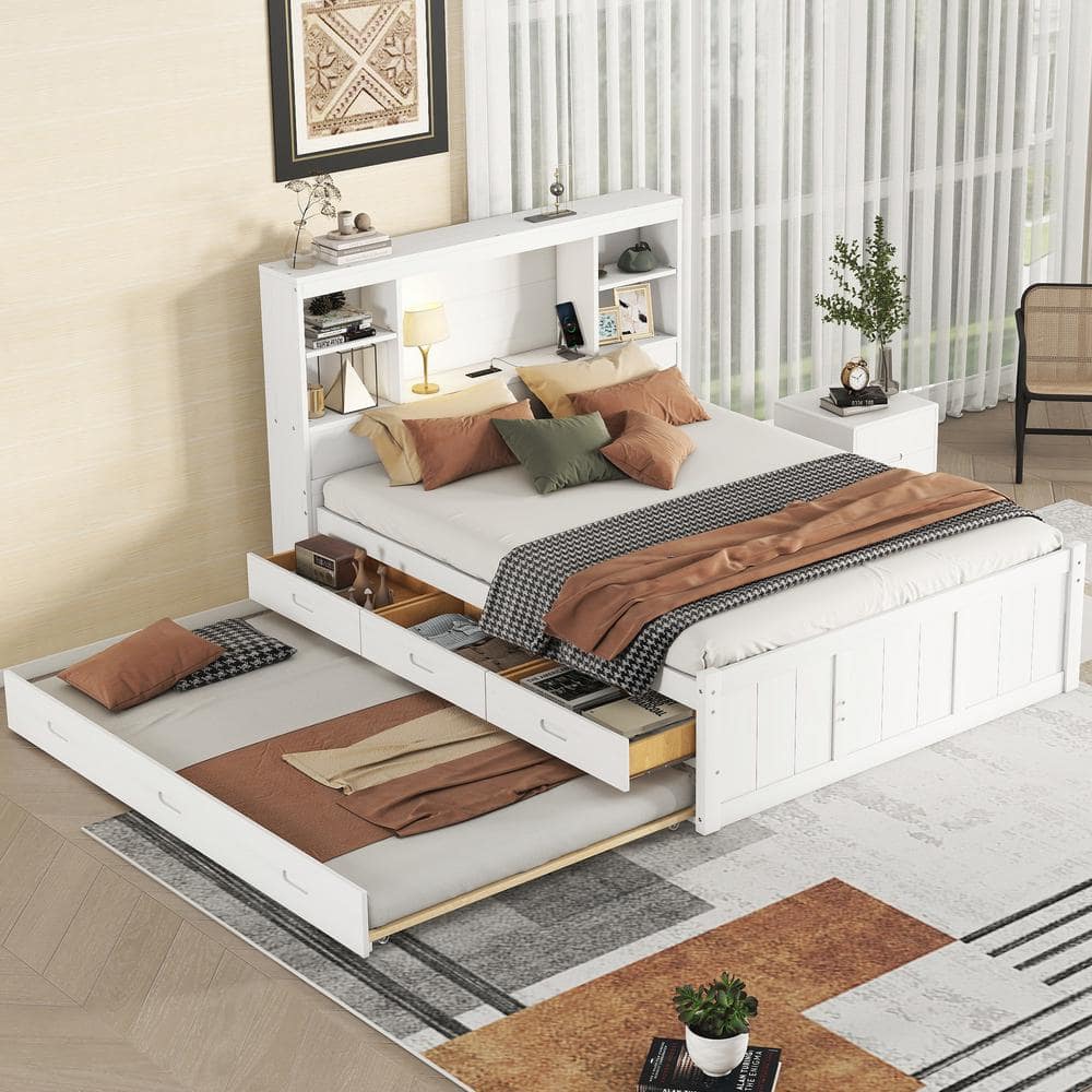 Harper & Bright Designs Antique White Wood Frame Full Platform Bed With 