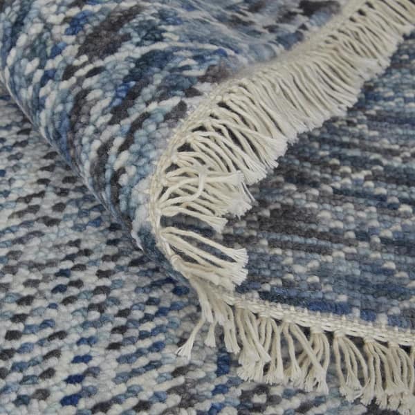2 ft. x 3 ft. Ivory Gray and Blue Wool Hand Knotted Area Rug With Fringe
