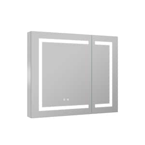 36 in. W x 30 in. H Rectangular Silver Aluminum Recessed/Surface Mount Medicine Cabinet with Mirror and 2 Door Open