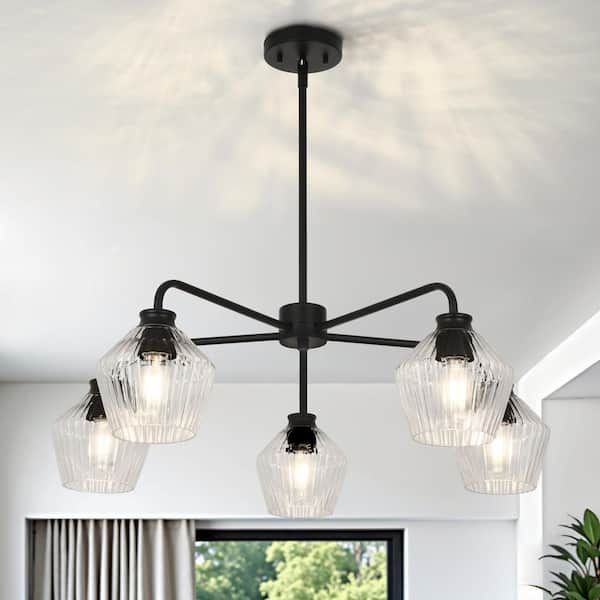 Kinlea 5-Light Large Matte Black Chandelier with Industrial Clear Textured Glass Shades for Living Room