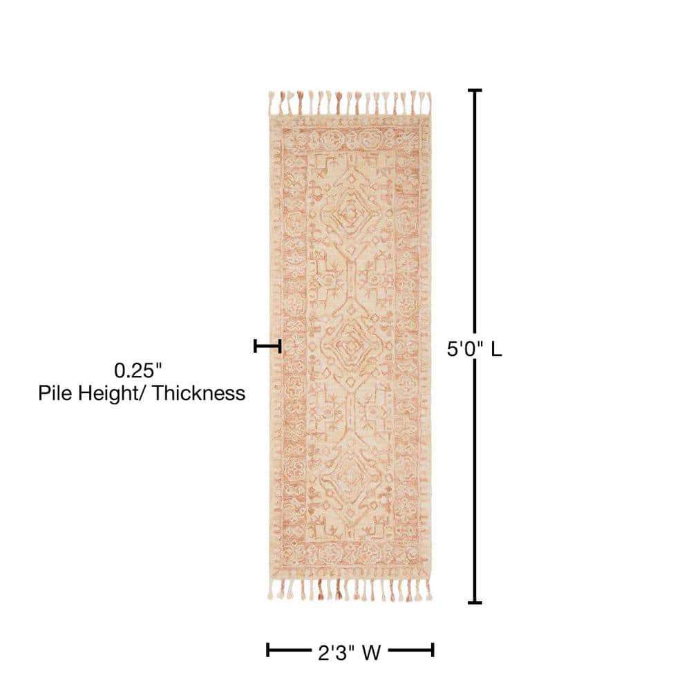 Ivory and Blush Handmade Wool Floral Runner Rug