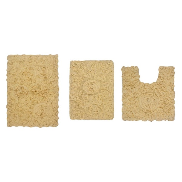 Bell Flower Collection 100% Cotton Bath Rug, 3-Pcs Set with Contour, Yellow