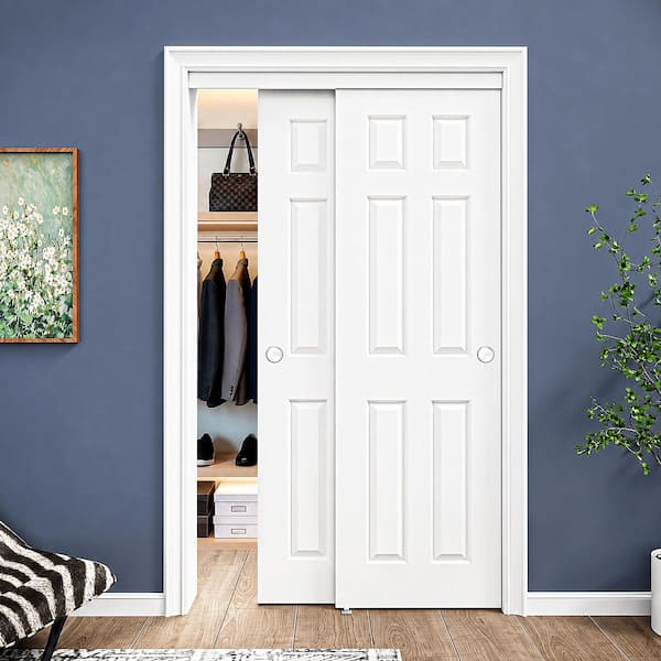 48 in. x 80 in. 6-Panel White Primed MDF Composite Sliding Door with Hardware