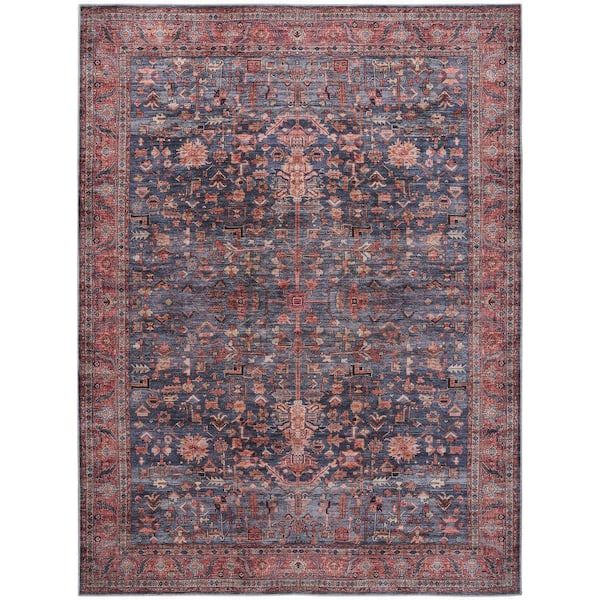 Nourison Machine Washable Brilliance Navy/Brick 8 ft. x 10 ft. Floral Traditional Area Rug