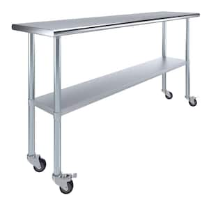 18 in. x 72 in. Stainless Steel Work Table with Casters : Mobile Metal Kitchen Utility Table with Bottom Shelf