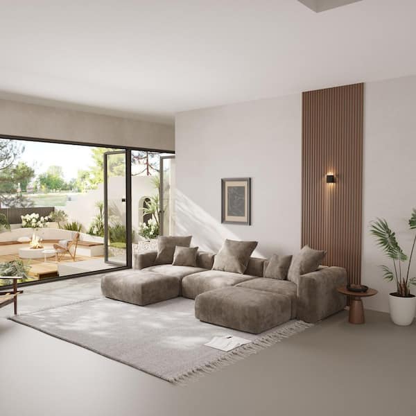 141 in. Square Arm Corduroy Velvet 5 Pieces U Shaped Modular Free Combination Sectional Sofa with Removable in. Brown