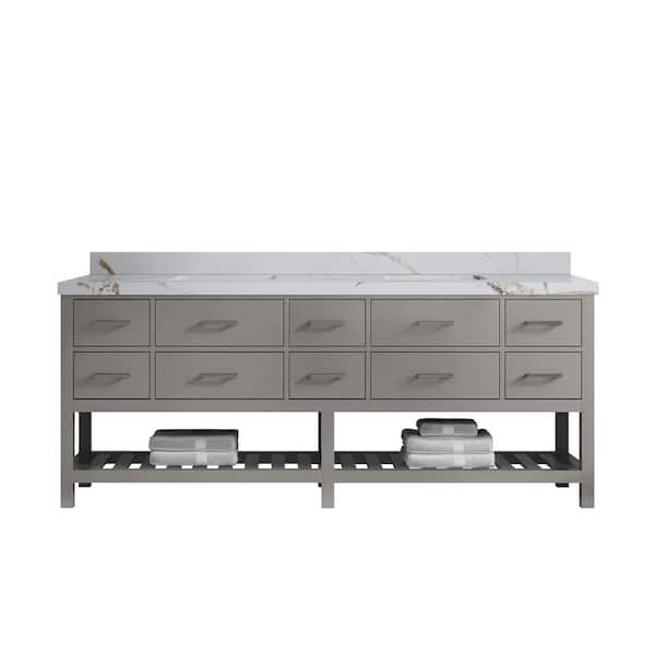 Willow Collections Parker 84 in. Double Sink Freestanding White Bath Vanity with Regular Calacatta Gold Qt. Top Unassembled