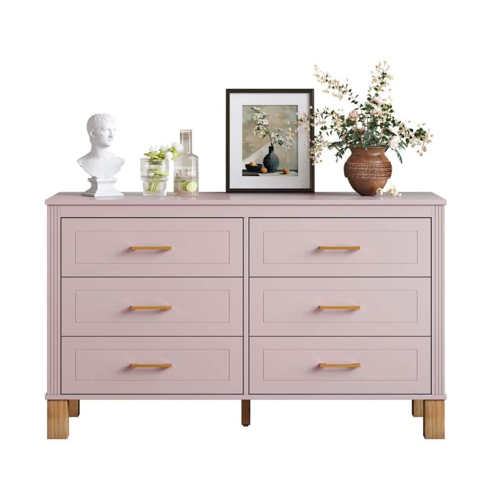 Pink 29.92 in. Accent Cabinet Office Storage Cabinet with 6 Drawers and Solid Wood Legs durable construction