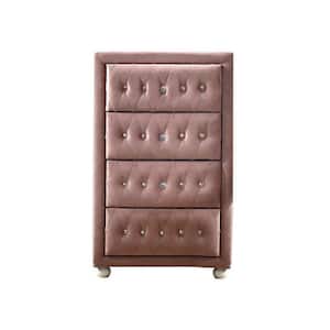 Pink 4-Drawer Tall Upholstered Dresser Chest with Crystal Handles