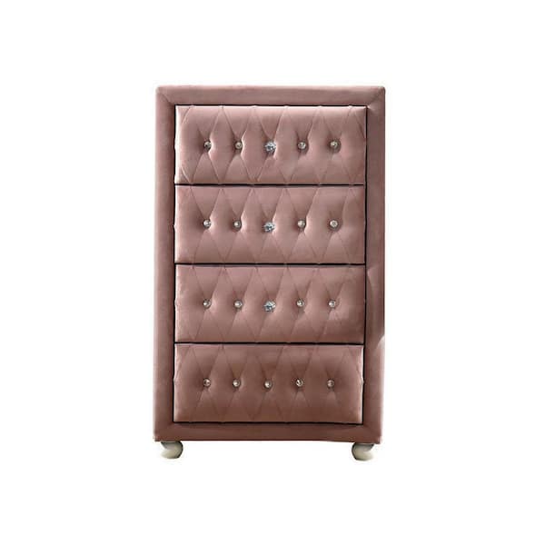 Benjara Pink 4-Drawer Tall Upholstered Dresser Chest with Crystal Handles