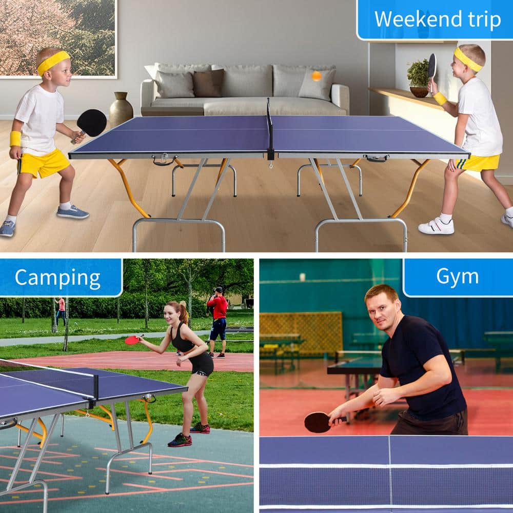 8ft Foldable Blue Table Tennis Set with Net and Paddles